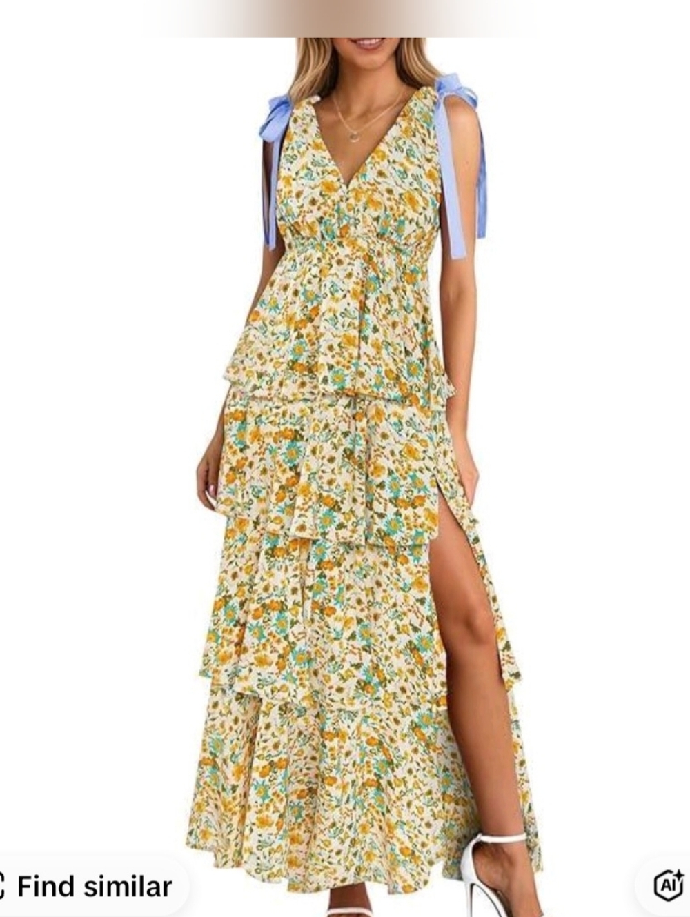 Floral Tiered Maxi Dress with Blue Tie Straps